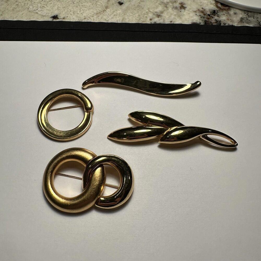 Lot Of 3 Vintage Gold Tone Brooch Pins Signed 1 Trifari 3 Monet